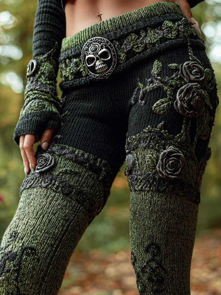 Women's Retro Skull Rose Embroidery Gradient Casual Leggings