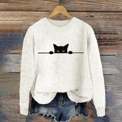 Women's Casual Funny Black Cat Print Sweater