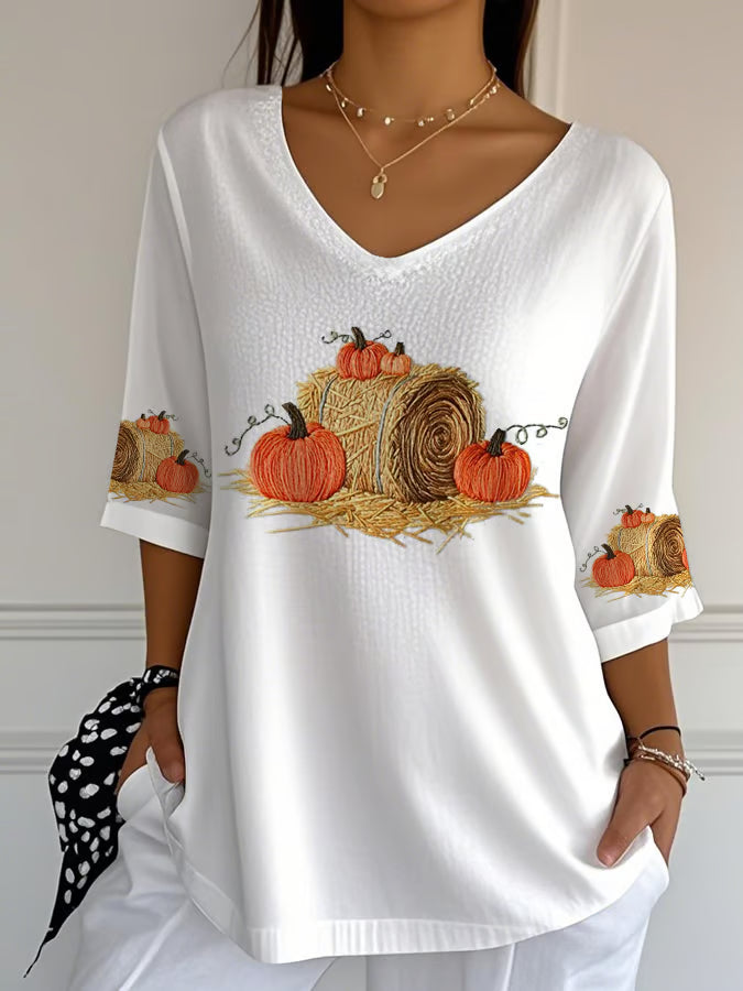 Women'S Casual Autumn Pumpkin Straw Print V-Neck T-Shirt