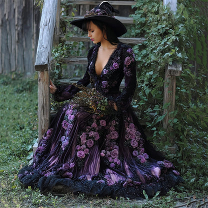 Vintage Witch Purple Roses Glitter Embroidered Wide Skirted Dress