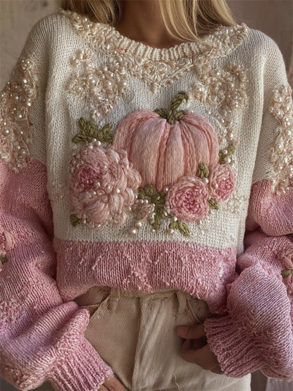 Thanksgiving Pumpkin Pink Floral Beaded Contrast Cozy Knit Sweater