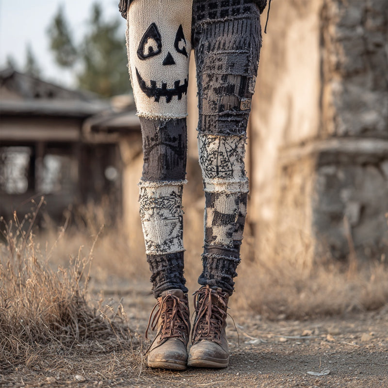 Halloween Pumpkin Face Vintage Patchwork Knitted Leggings