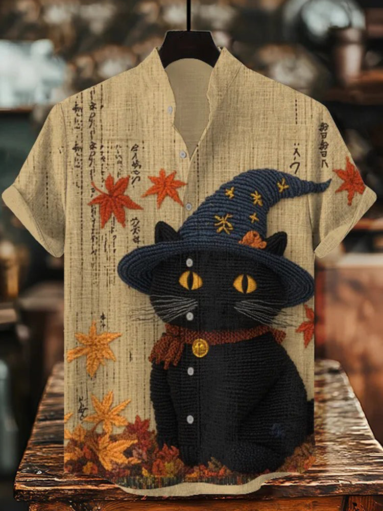 Men's Japanese Maple Leaf And Black Cat Art Print Casual Shirt