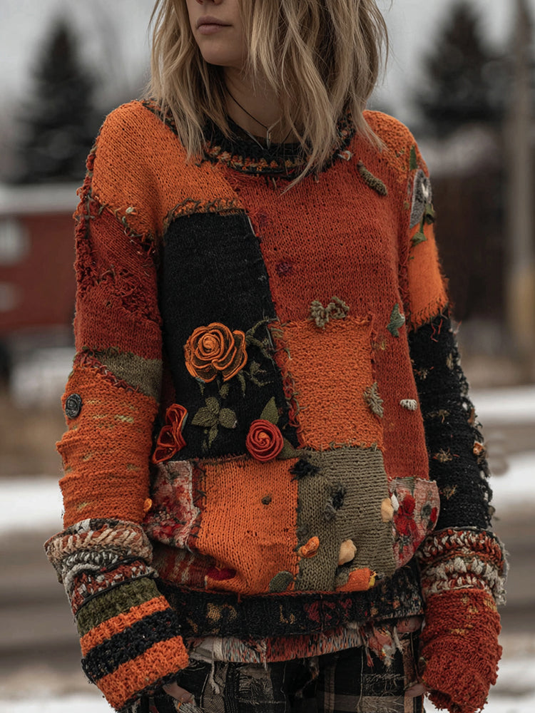 Vintage Halloween Floral Patchwork Knitted Crew Neck Cozy Sweater