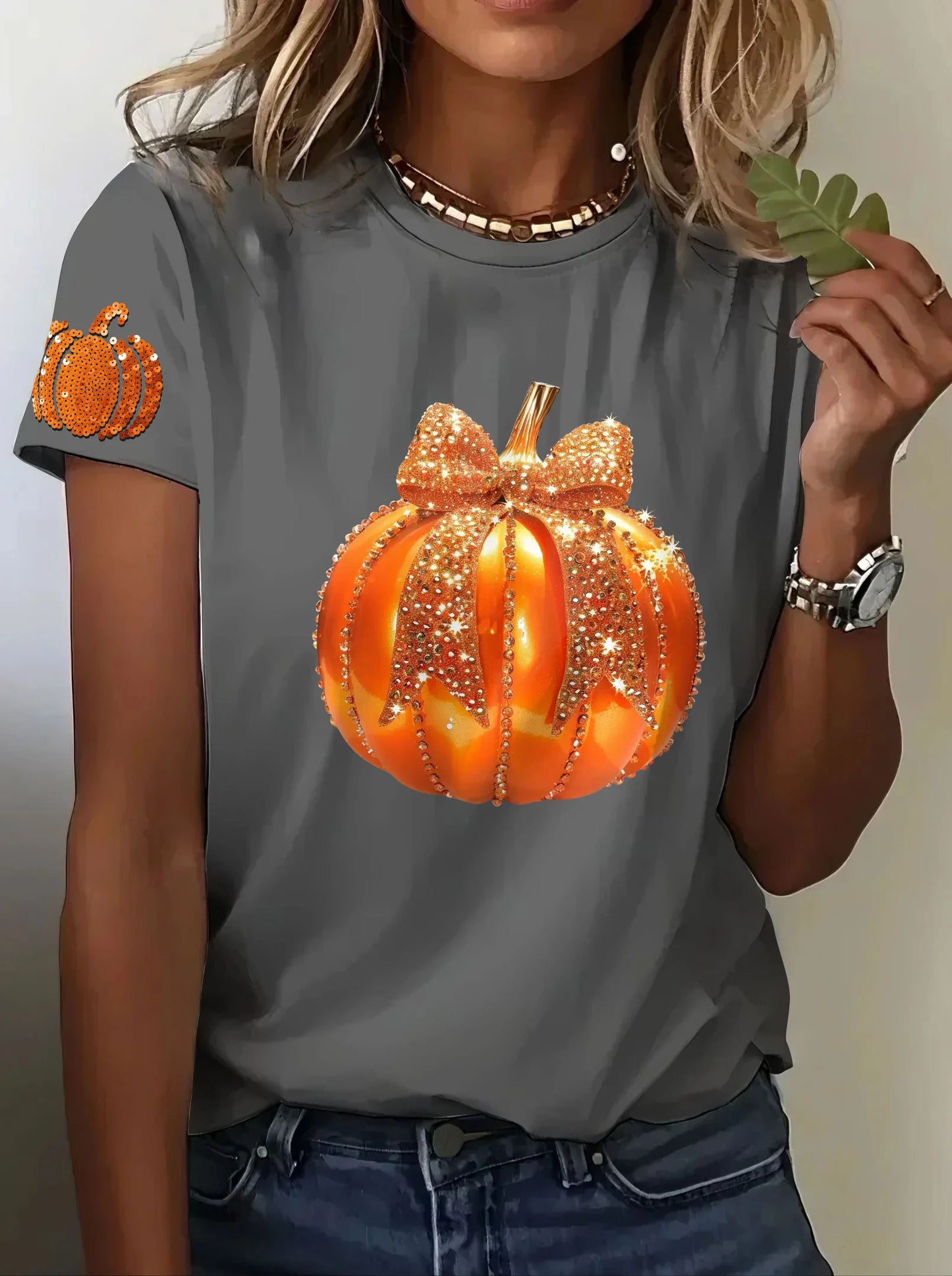 Women's Autumn Sequined Pumpkin Print Crew Neck Short Sleeve T-shirt