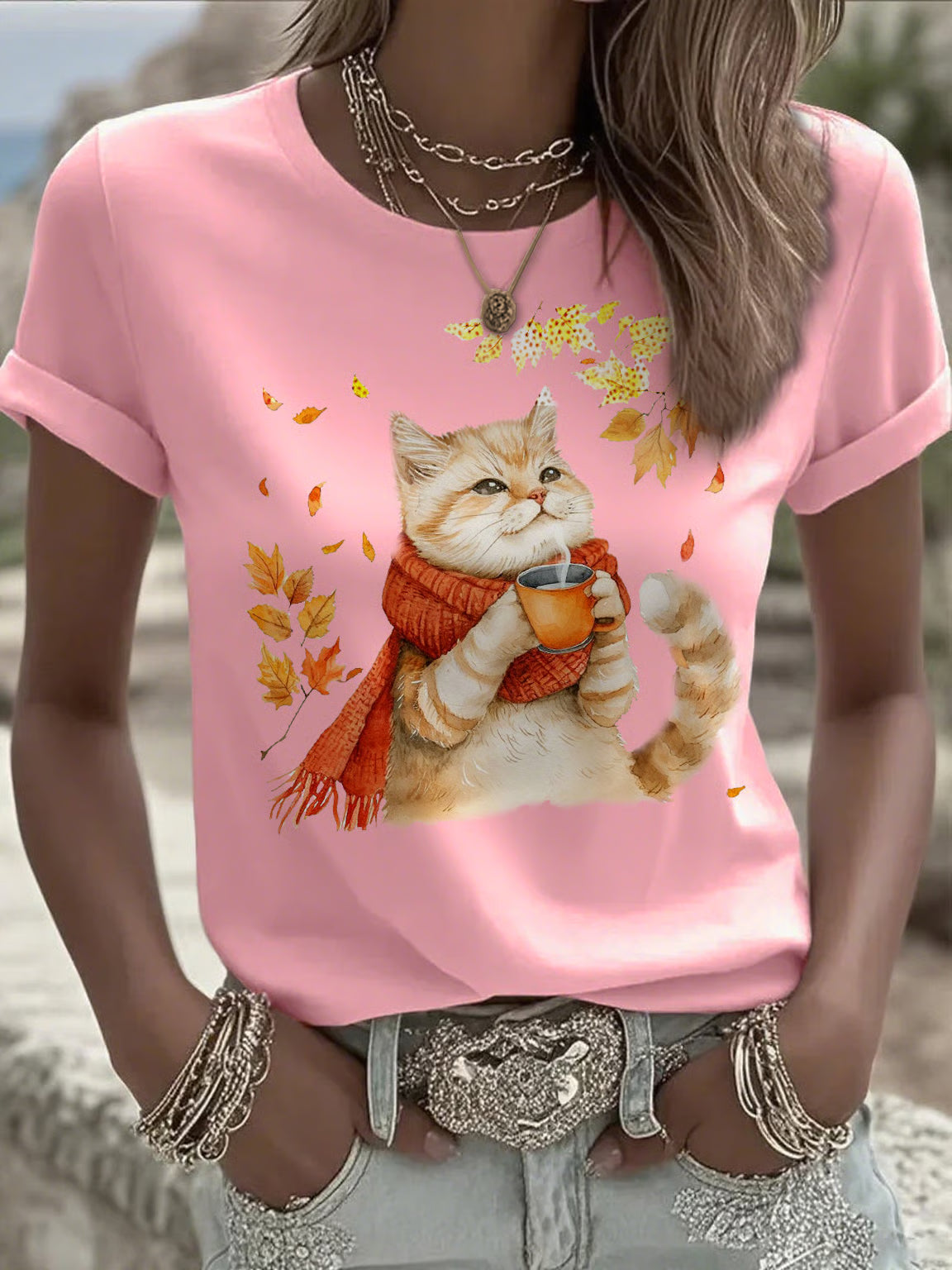 Women's Casual Autumn Animal Cat Print T-shirt
