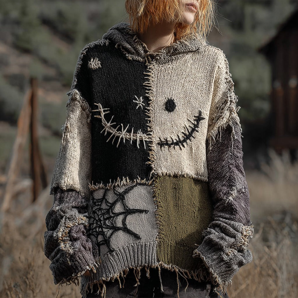 Halloween Spooky Face And Spider Web Patchwork Design Cozy Knit Hooded