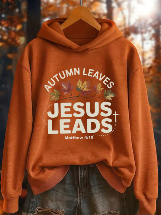 Women's Autumn Leaves Jesus Leads Printed Hoodie