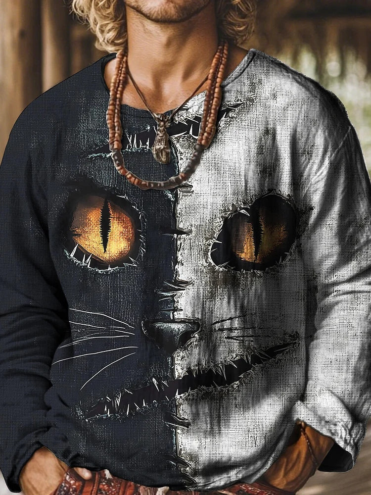 Men's Contrast Color Horror Cat Face Print Long Sleeve T-shirt