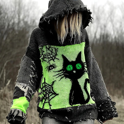 Halloween Scared Black Cat Patchwork Stitched Cozy Knit Hooded