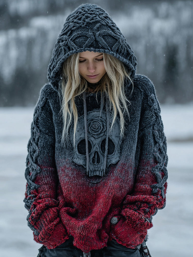 Women's Vintage Viking Tribal Celtic Skull Gradient Hooded Sweater
