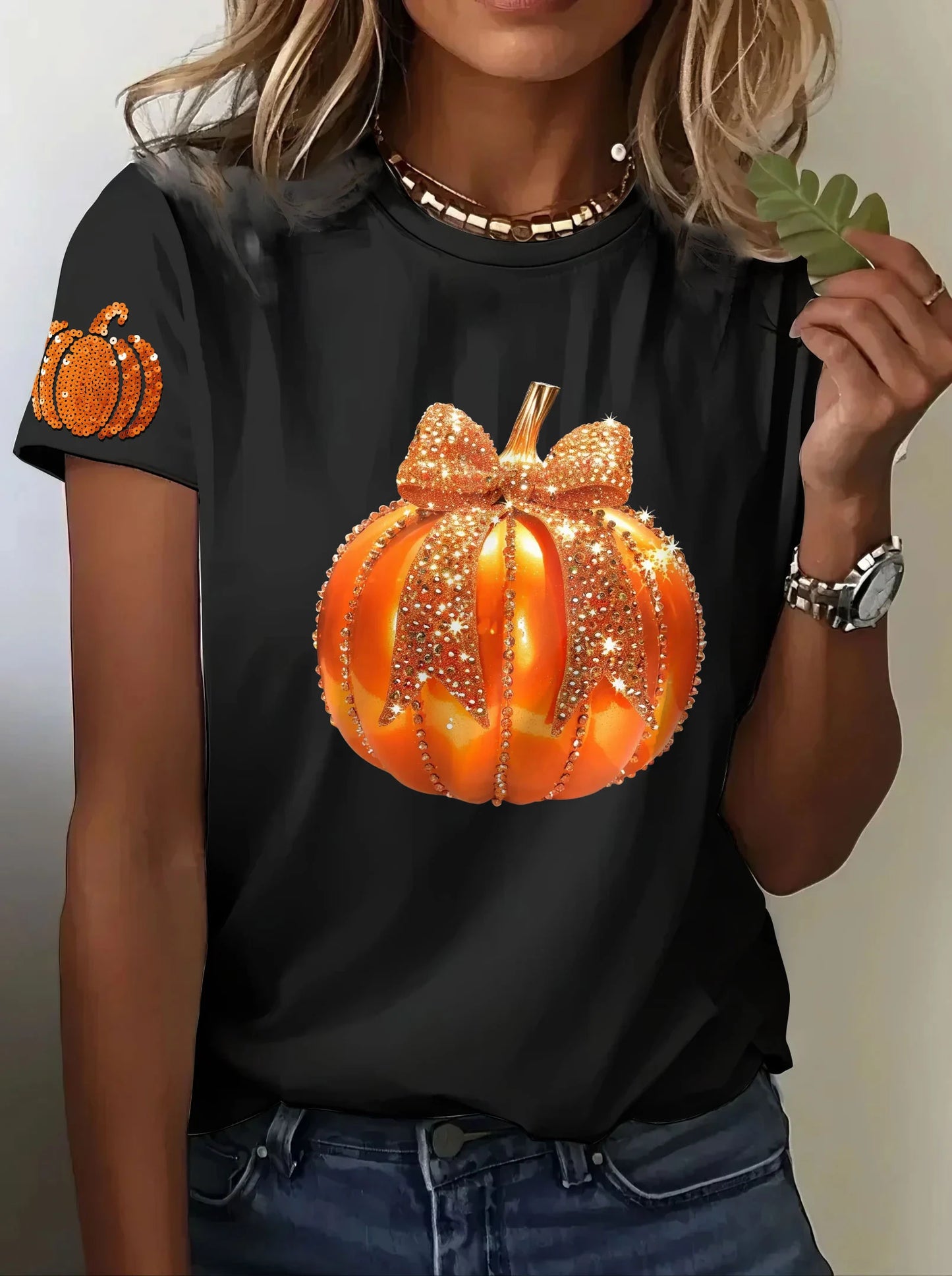 Women's Autumn Sequined Pumpkin Print Crew Neck Short Sleeve T-shirt