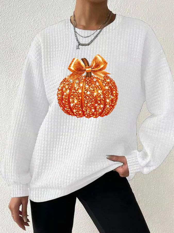 Women's Autumn Sequin Pumpkin Print Gingham Crew Neck Sweatshirt