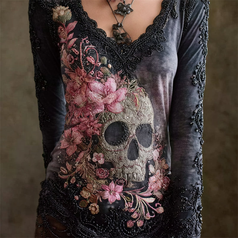 Skull & Pink Flowers Beaded V Neck Comfy T Shirt
