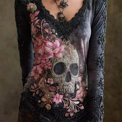 Skull & Pink Flowers Beaded V Neck Comfy T Shirt