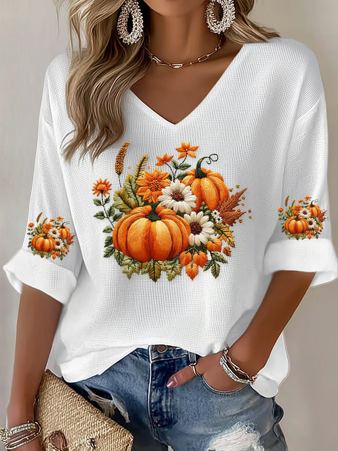 Women's Casual Autumn Pumpkin Waffle Long Sleeve T-shirt