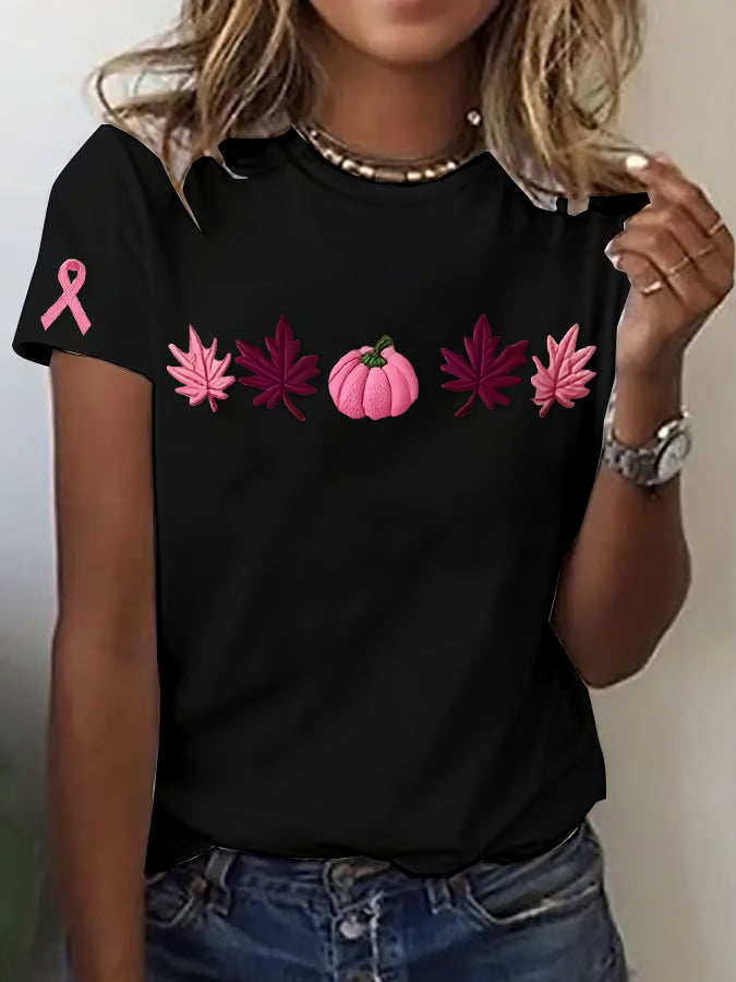 Women's casual pink maple leaf pumpkin T-shirt