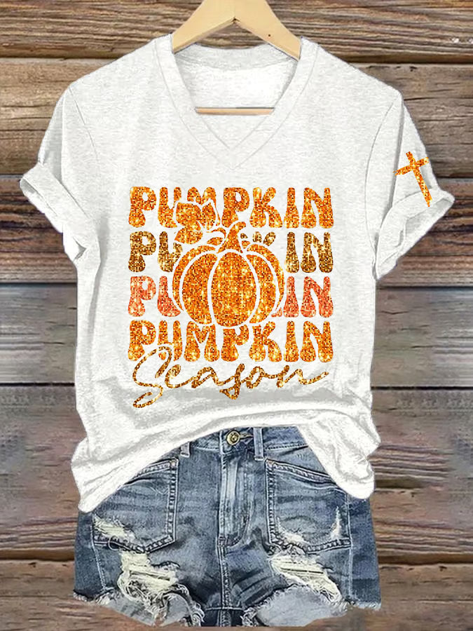 Women's Pumpkin Season Print Short Sleeve T-Shirt