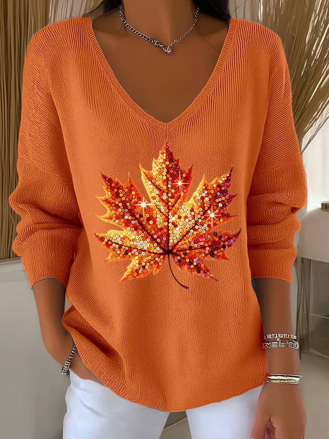 Women's Sequined Maple Leaf Printed Casual Striped Fabric Long Sleeve T-Shirt