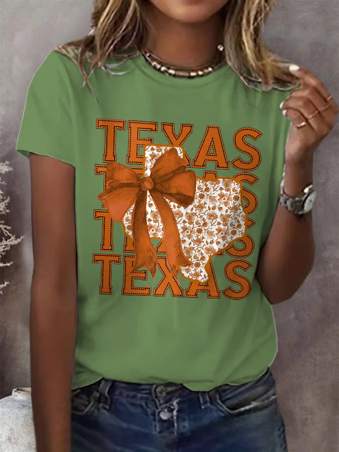 Retro Texas Autumn Burnt Orange Coquette Bow Print T-Shirt