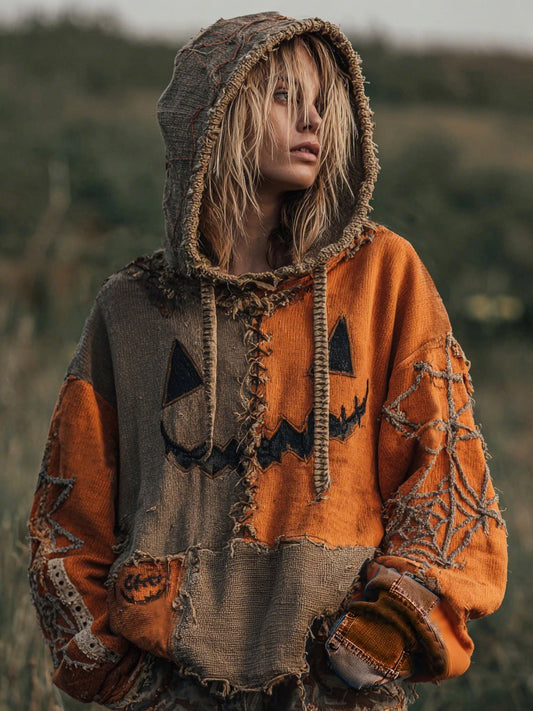 Halloween Pumpkin Face Patchwork Design Cozy Hoodie