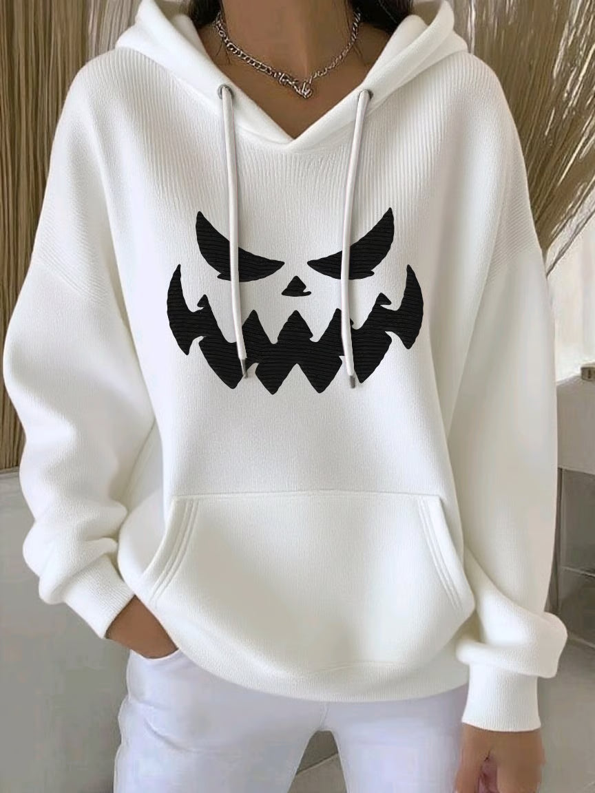 Women's Autumn Pumpkin Face Print Casual Hooded Sweatshirt