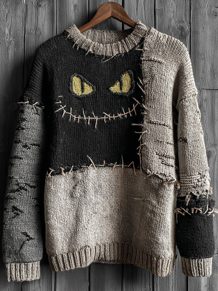 Halloween Abstract Black Cat Smiling Face Contrast Stitched Cozy Knit Sweater