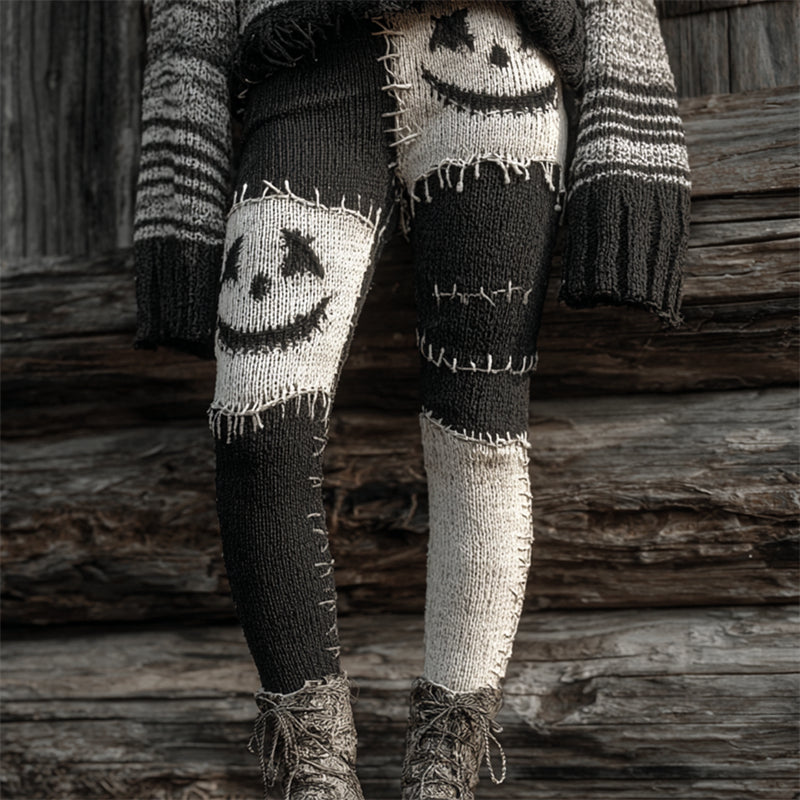 Halloween Stitched Face Contrast Patchwork Cozy Knit Leggings