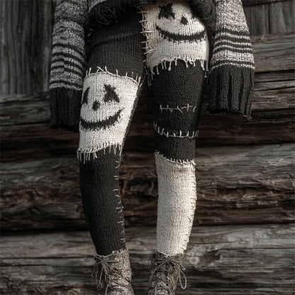 Halloween Stitched Face Contrast Patchwork Cozy Knit Leggings