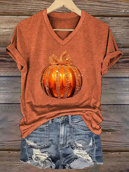 Women's Autumn Sequined Pumpkin Print V-Neck Short Sleeve T-Shirt