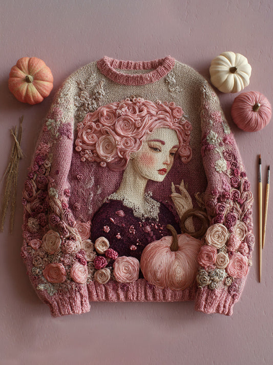Women's Vintage Halloween Pink Art Knit Sweater