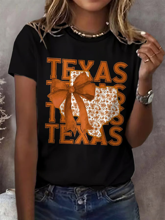 Retro Texas Autumn Burnt Orange Coquette Bow Print T-Shirt