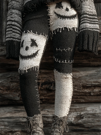 Halloween Stitched Face Contrast Patchwork Cozy Knit Leggings