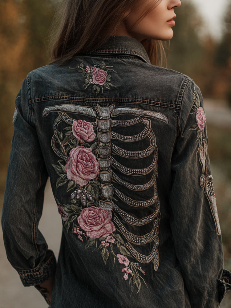 Women's Skeleton Flower Casual Lapel Long-sleeved Shirt
