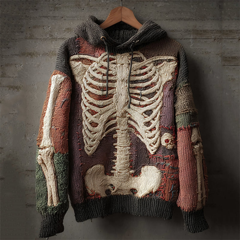 Halloween Skeleton Colorblock Anatomy Cozy Knit Hooded Sweater