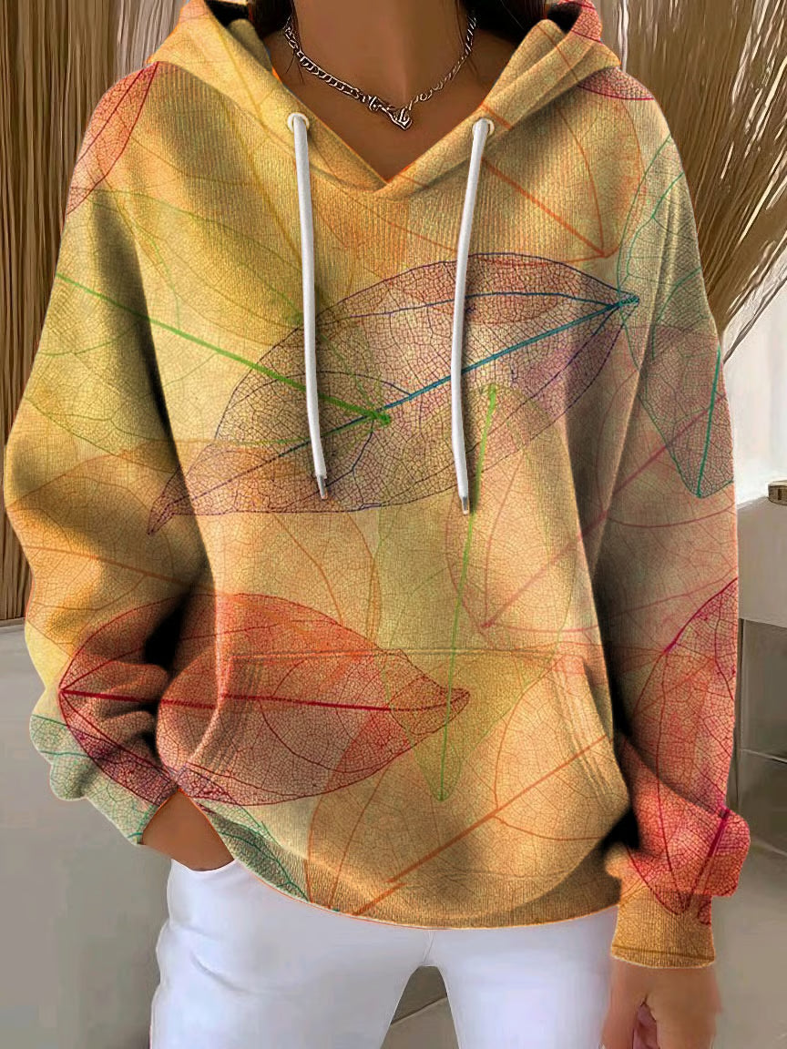 Women's Fall Leaf Print Casual Hooded Sweatshirt