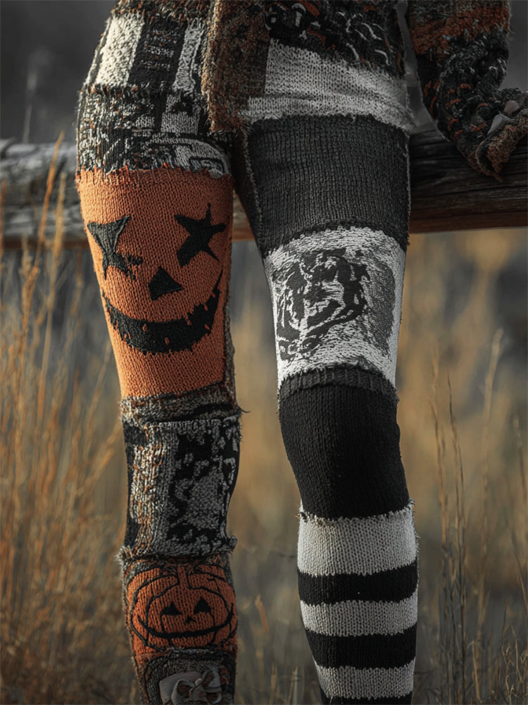 Halloween Pumpkin Face Colorblock Patchwork Cozy Knit Leggings