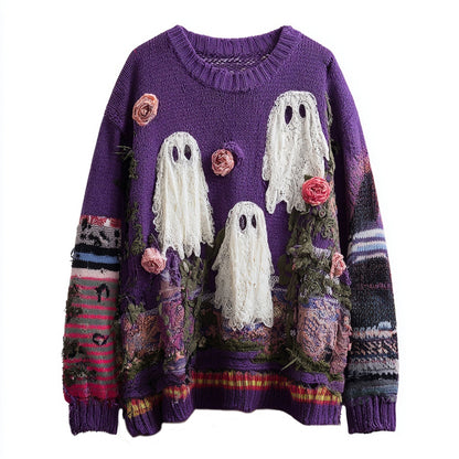 Vintage Ghost & Roses Embroidered Patchwork Cozy Knitted Sweater