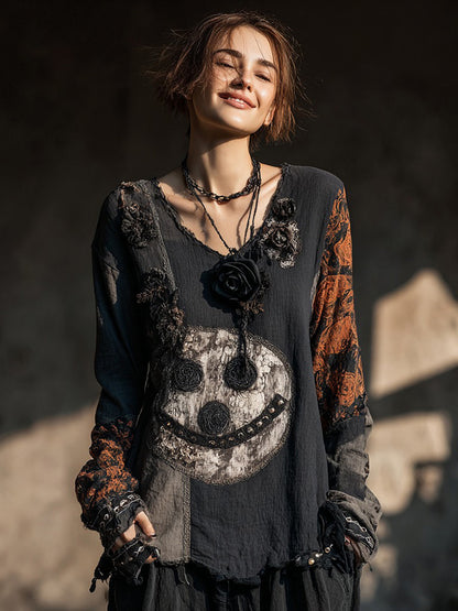 Women's Halloween Smiley Face And Rose Pattern V-neck T-shirt
