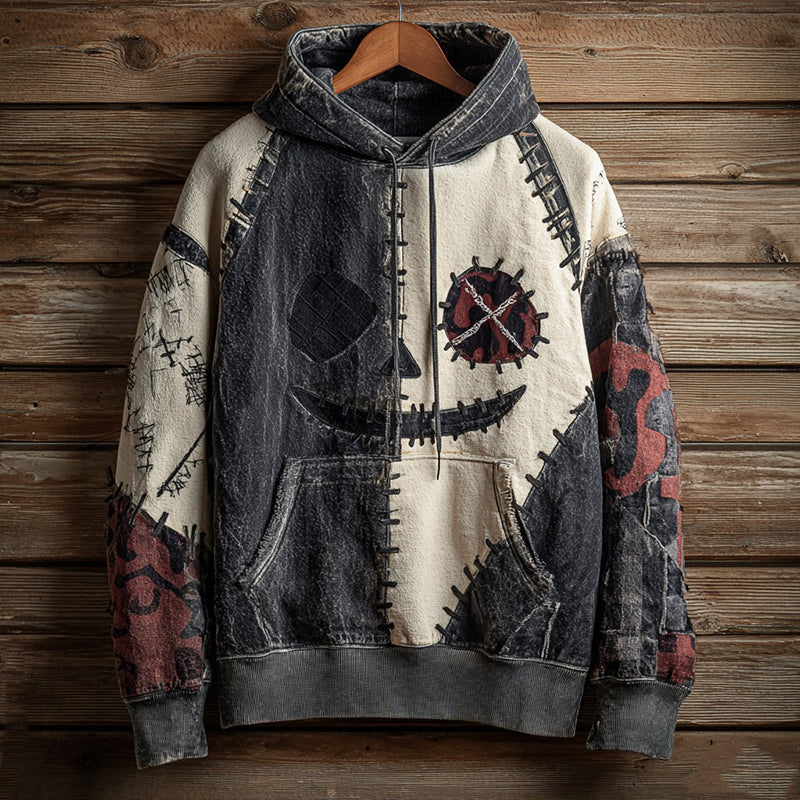 Halloween Skull Face Pattern Stitched Washed Men's Hoodie