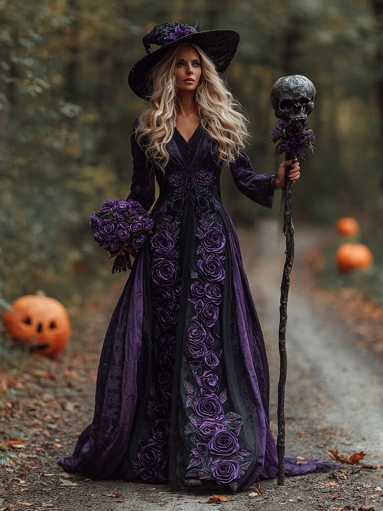 Women's Vintage Halloween Purple Rose Art Comfy Linen Maxi Dress