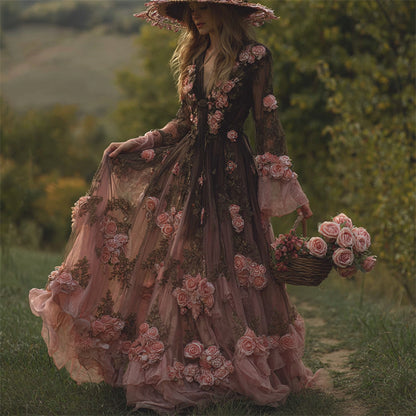 Vintage Pink Roses Gradient Flowy Maxi Dress
