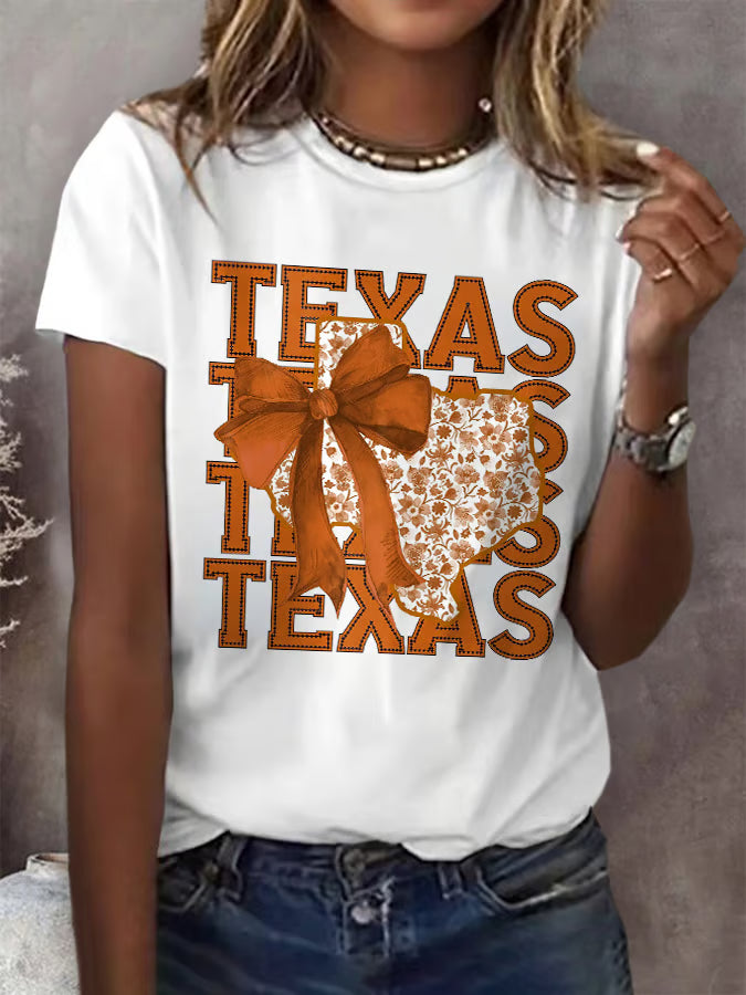 Retro Texas Autumn Burnt Orange Coquette Bow Print T-Shirt