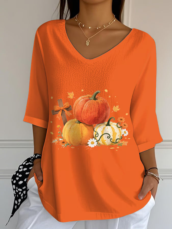 Women's Casual Cross Pumpkin Bow Faith V-Neck T-Shirt