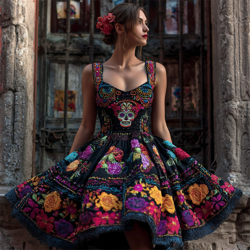 Day Of The Dead Sugar Skull Glitter Floral Embroidered Linen Dress
