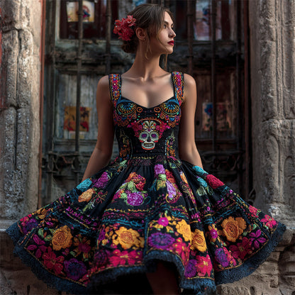 Day Of The Dead Sugar Skull Glitter Floral Embroidered Linen Dress