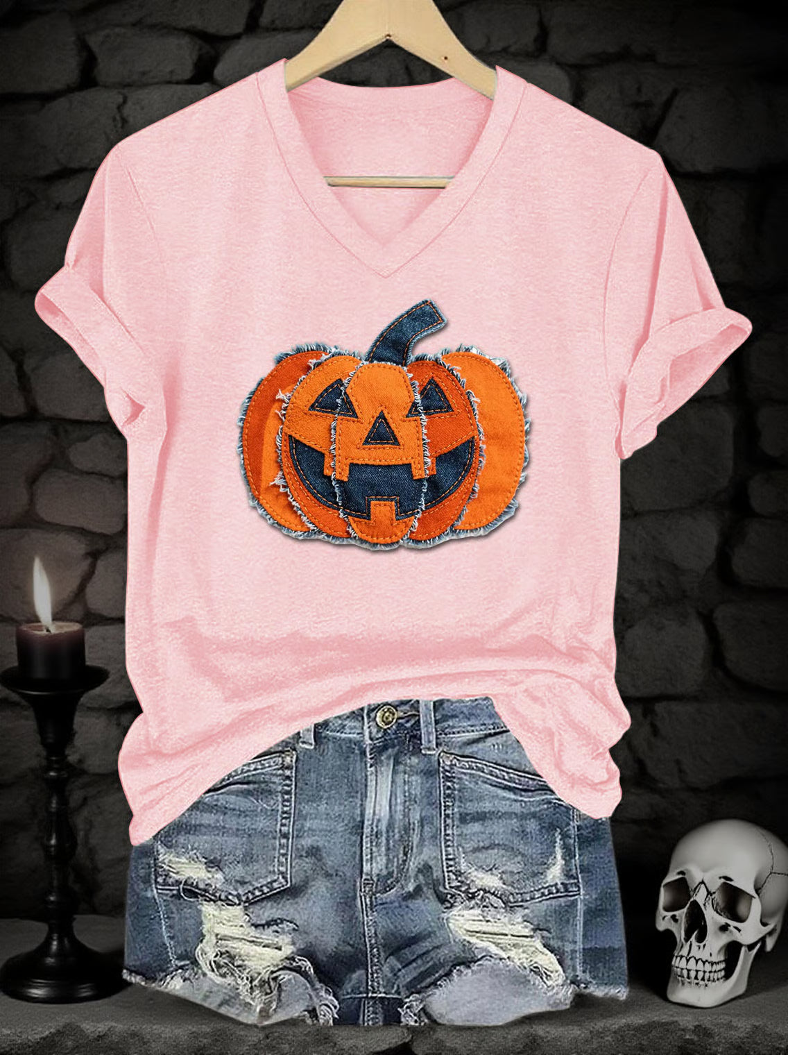 Women's Halloween Denim Patchwork Pumpkin Face Print V-Neck Short Sleeve T-Shirt