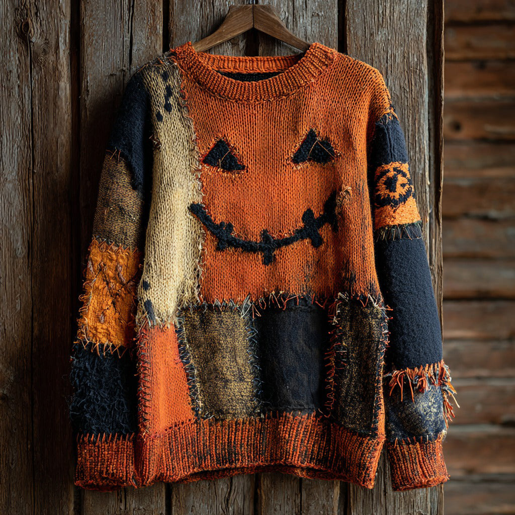 Halloween Pumpkin Face Contrast Stitched Cozy Knit Sweater