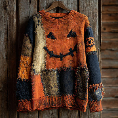 Halloween Pumpkin Face Contrast Stitched Cozy Knit Sweater