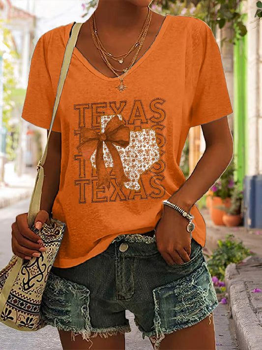 V-Neck Retro Texas Autumn Burnt Orange Coquette Bow Print T-Shirt